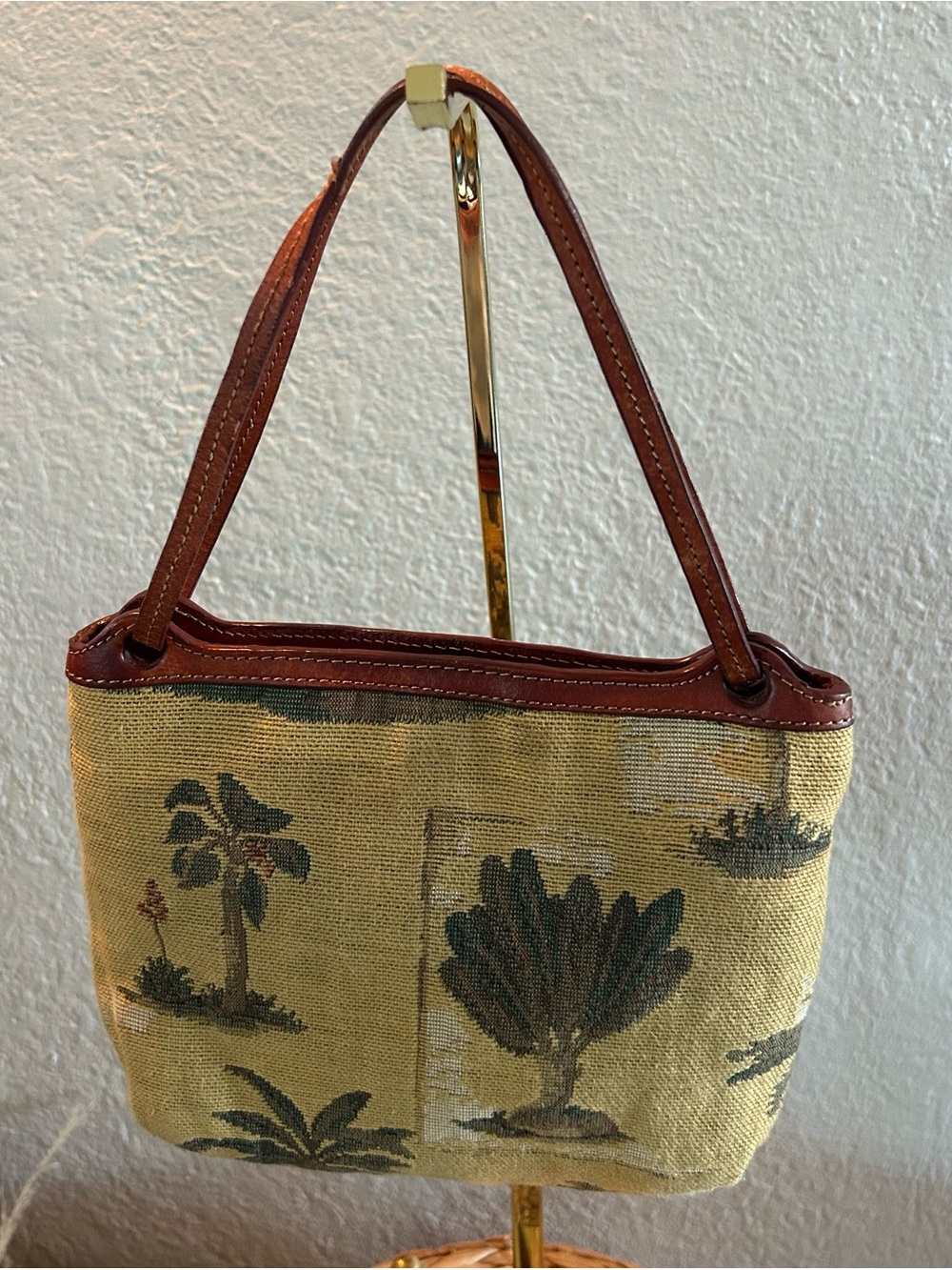 Vintage Tommy Bahama Tapestry Palm Tree Shoulder Bag Leather Trim Tropical